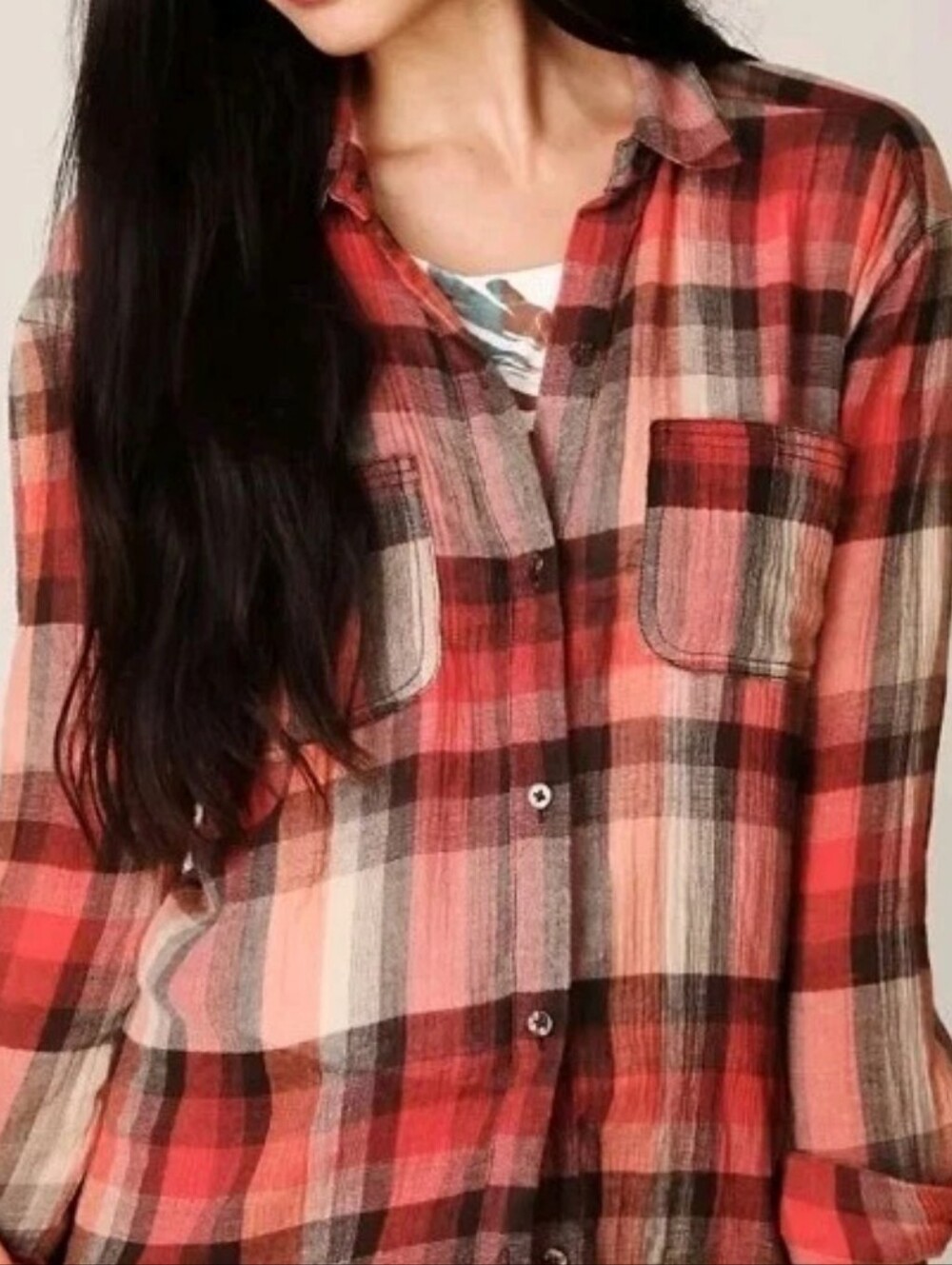 Free People Crochet Back Button Shirt Sz Med Red Plaid Crinkle Gauzy Mixed Media - Picture 3 of 13